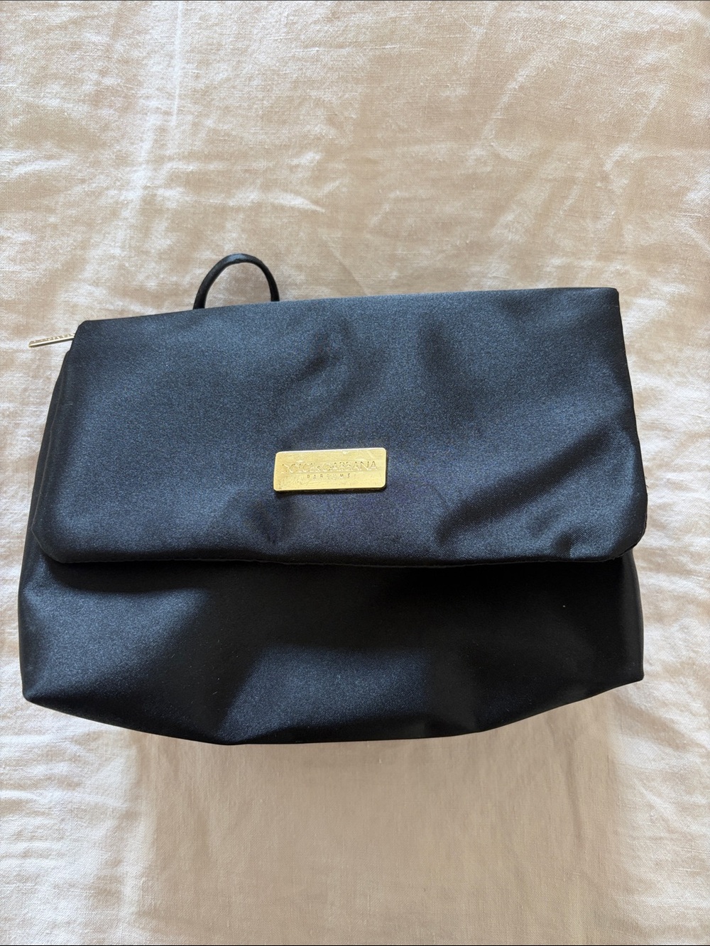 Dolce & Gabbana Black Satin Evening Clutch with Gold Logo Plaque/ perfume bag